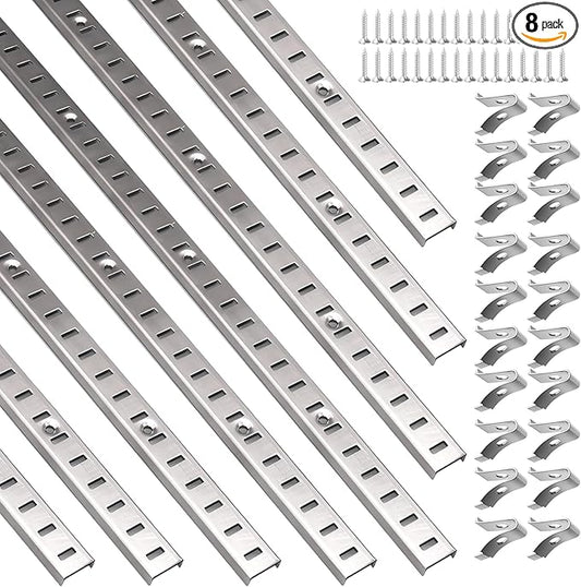 8 Pcs 36 Inch Shelf Pilaster with 40 Clips and 72 Screws, Adjustable Shelf Brackets Standard Mortise Mount Metal Shelves, Steel Wall Mounted Shelf Pilaster