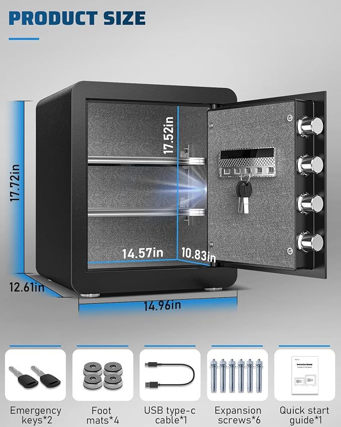 Kavey 2.0 Cub Biometric Fingerprint Safe Box, Home Safe with Dual Alarm System, Money Safe With Mute Function and LED Light, Safes with Removable Shelf, Safes for Money Valuables