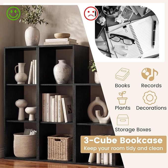 Giantex 3-Cube Bookcase, Cubby Bookshelf w/Back Guardrail & Anti-Tipping Kits, 4-Tier Freestanding Storage Organizer with Shelves, Open Back Display Rack for Living Room, Study