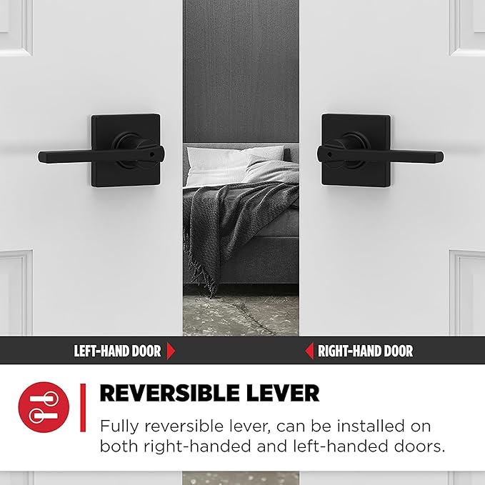Kwikset Casey Hallway Passage and Bed/Bath Privacy Door Handle 4 Pack, 2 Passage Levers and 2 Privacy Levers, Matte Black Reversible Interior Handles, with Microban