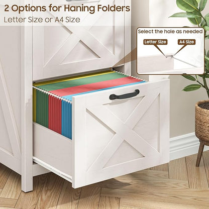 2 Drawer Small File Cabinet with Lock, Farmhouse Vertical Filing Cabinet Fits Letter and A4 Size, Under Desk Wooden File Cabinets for Home Office, Printer Stand, Rustic White