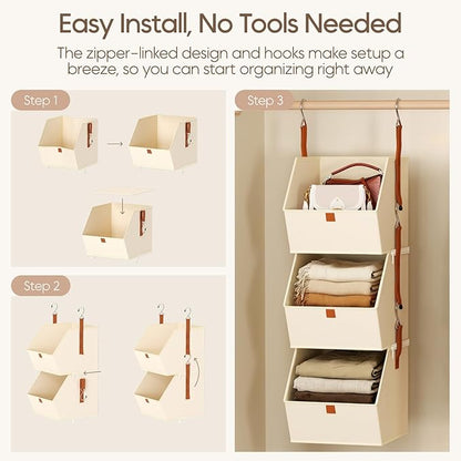 Collapsible Hanging Closet Organizer - 3 Tier Closet Shelves Storage System with Hooks, Fabric Hanging Storage Bins for Clothes, Foldable Storage Basket for Laundry, Bedroom, Rv, Beige