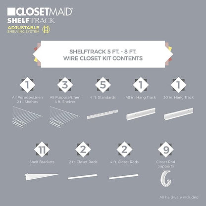 ClosetMaid ShelfTrack Wire Closet Organizer System, Adjustable from 5 to 8 Ft., with Shelves, Clothes Rods, Hardware, Durable Steel, White