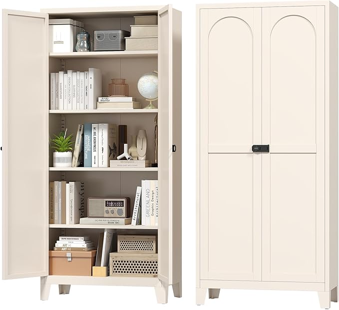 70.87" Tall Metal Storage Cabinet with 3-Digit Combination Lock, Steel Pantry Cabinet with 4 Adjustable Shelves & 2 Doors, Secure Freestanding Organizer for Home, Office, Garage, Beige