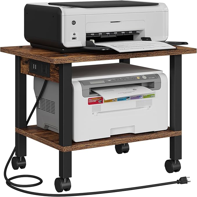 TUTOTAK 2 Tier Printer Stand, Rolling Printer Cart with Power Outlets and USB Ports, Mobile Printer Table with Wheels, for Under Desk, Office, Home,Brown PS01BB001P