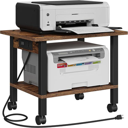 TUTOTAK 2 Tier Printer Stand, Rolling Printer Cart with Power Outlets and USB Ports, Mobile Printer Table with Wheels, for Under Desk, Office, Home,Brown PS01BB001P
