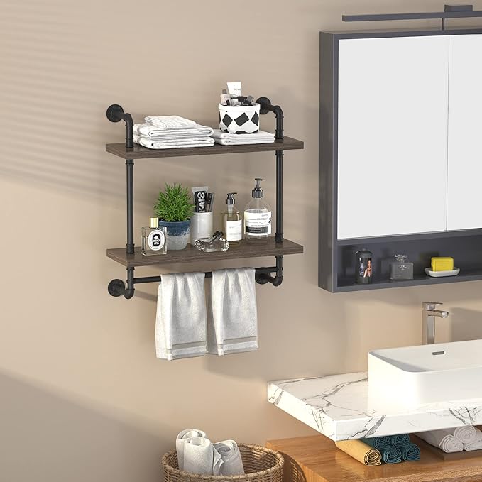 Helsin 2 Tier Wood Floating Shelves Towel Rack, Industrial Pipe Bathroom Shelves Wall Mounted with Towel bar, Wall Display Storage Shelf for Home & Bathroom Decor (Gray, 24inch)