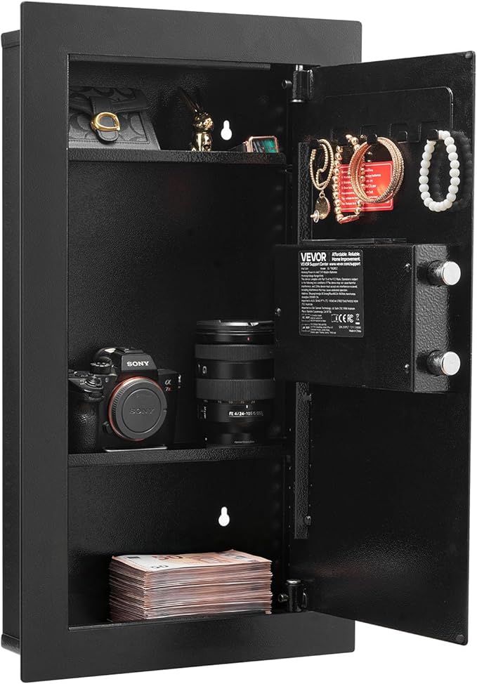VEVOR 25.6" High Wall Safe, 3-Tier Hidden Wall Mounted Safe with Password & Key, Q235 Cold-Rolled Steel In-Wall Box with LED Lighting, 2 Adjustable Shelves & 5 Key Holders, Black