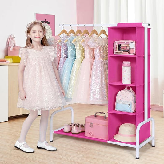 Univivi Kids Clothing Rack with Hanging Organizer, Short Toddler Dress Up Storage Rack for Hanging Clothes, Kids Wardrobe Closet for Baby Clothes, Dance Costumes, Rose Red/White