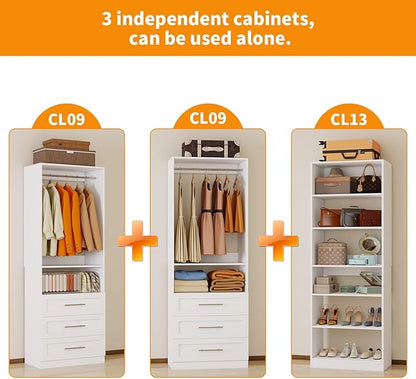 Closet System with 3 Sets, 6FT Closet Organizer Systems with 6 Wooden Drawers 8 Shelves & 4 Hanging Rods, Walk in Closet freestanding Corner Modular Closet Storage System White (6FT)