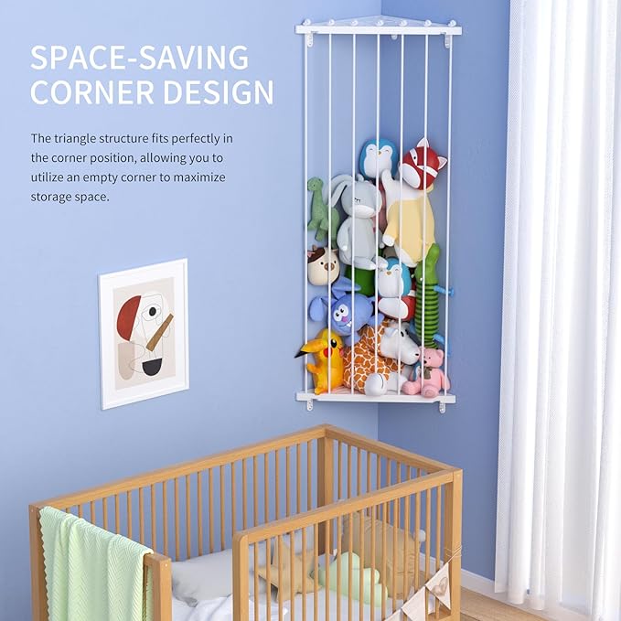 Stuffed Animal Storage Shelf Organizer(Patented) - Corner Stuffed Animal Holder Length Adjustable - Wall Plush Storage for Nursery Playroom Bedroom Kids Room (Milky White, Standard)