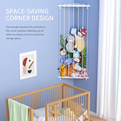Corner Stuffed Animal Storage Net - Stuffed Animals Holder with Lights - Plush Organizer Hanging Stuffed Animal Hammock for Wall (White)