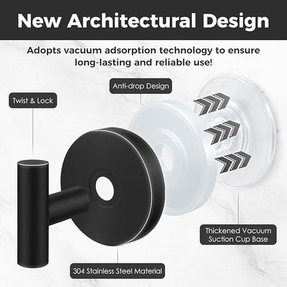 Shower Hooks for Inside Shower,No-Drill Removable&Reusable Towel Hooks for Bathroom,Heavy Duty Suction Cup Hooks for Glass Window,2 Packs(Black)
