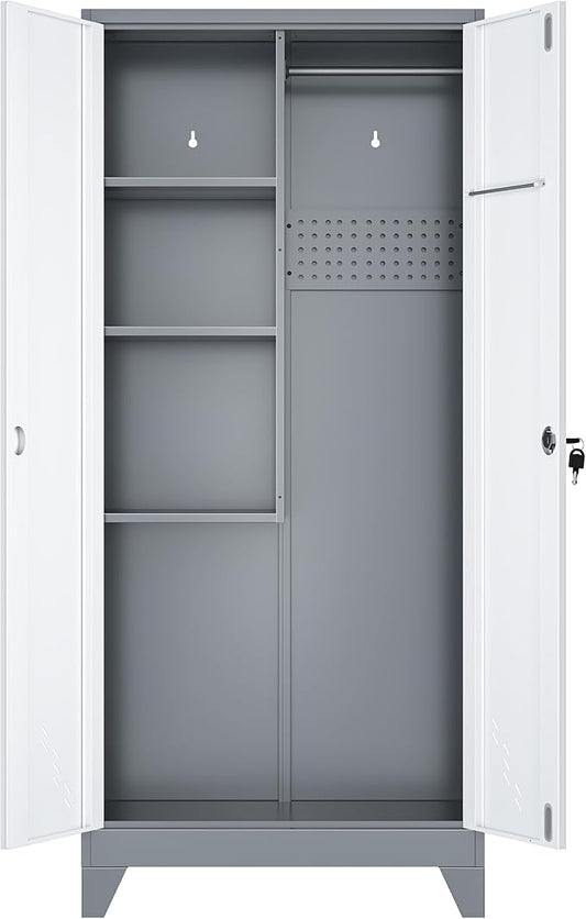 61" Broom Closet Storage Cabinet, Metal Storage Cabinet with Doors, Utility Cabinets for Brooms and Mops, Cleaning Tool Cabinets for Garage, Laundry Room, Bathroom (White)