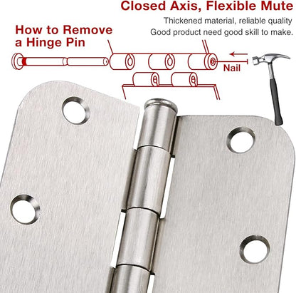JIW 24 Pack Brushed Nickel Door Hinges 3 1/2 Interior Door Hinges Satin Nickel 3.5 Inch Rounded 5/8” Radius Corners No-Squeak