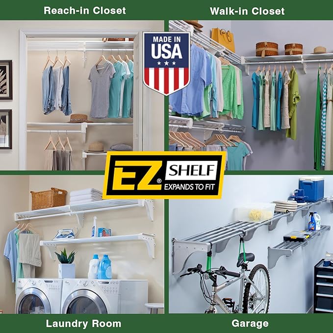 EZ Shelf-Expandable-Closet Shelf (NO Hanging Rod)- 42.5” to 75” -White-Easy Install to Backwall(Floating)-Wire Closet Shelving Alternative-(EZS-SW72-1-2)