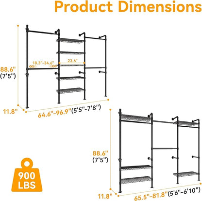 W3 Industrial Pipe Clothing Rack, Wall Mounted Clothes Rack Closet Wardrobe System with Expandable Hanger Rods Adjustable Storage Shelves, Heavy Duty Corner Walk-in Closet System, Black