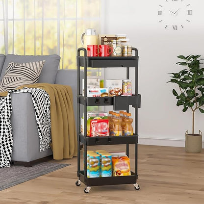 4 Tier Rolling Utility Cart with Drawer, Plastic Storage Organizer Rolling Carts with Wheels Handles Hanging Cups Hooks for Office, Bathroom, Kitchen,Craft Art Room (Black)