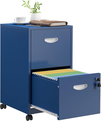 2 Drawer File Cabinet with Lock,Blue Rolling File Cabinet for Home Office,Printer Stand, Metal Small Mobile Filing Cabinets on Wheels for Hanging Letter