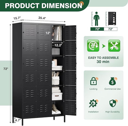 Letaya Metal Lockers for Employees-18 Door Storage Locker with Shelves and Lockable Steel Cabinet for School,Gym,Office,Staff (Black, 18 Door)