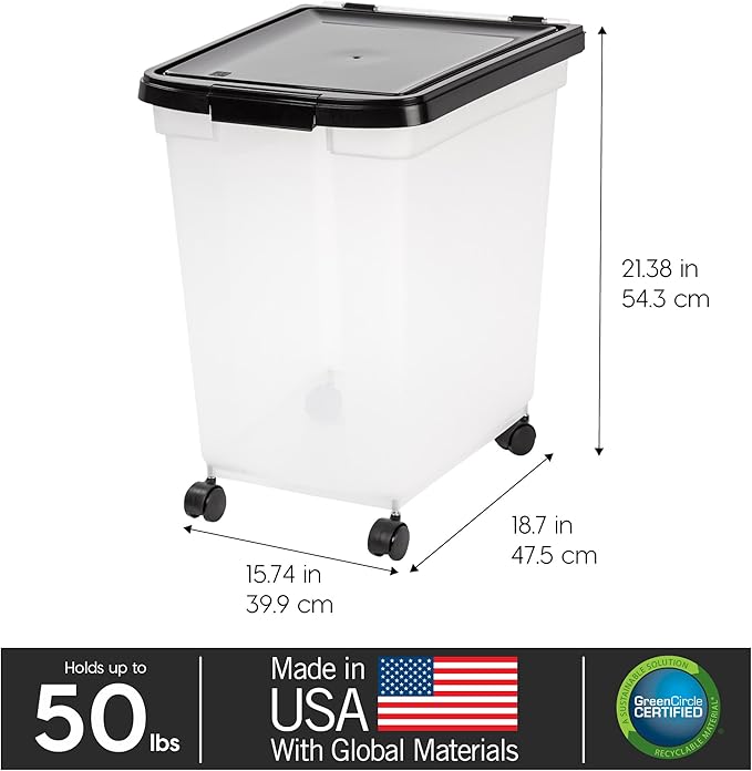 IRIS USA 50 Lbs / 65 Qt WeatherPro Airtight Pet Food Storage Container with Removable Casters, for Dog Cat Bird and other Pet Food Storage Bin, Keep Fresh, Translucent Body, Easy Mobility, Clear/Black