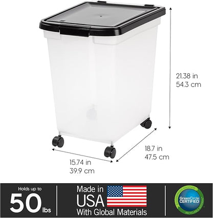 IRIS USA 50 Lbs / 65 Qt WeatherPro Airtight Pet Food Storage Container with Removable Casters, for Dog Cat Bird and other Pet Food Storage Bin, Keep Fresh, Translucent Body, Easy Mobility, Clear/Black