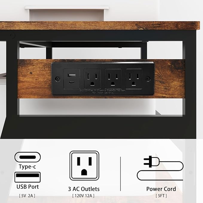 Natwind 23.6"x19.7" Large Printer Stand,3 Tier Printer Table with Charging Station, Rolling Cart with Adjustable Storage Shelf for Home Office Organization, Stand for Heat Press,3D Printer (Retro)