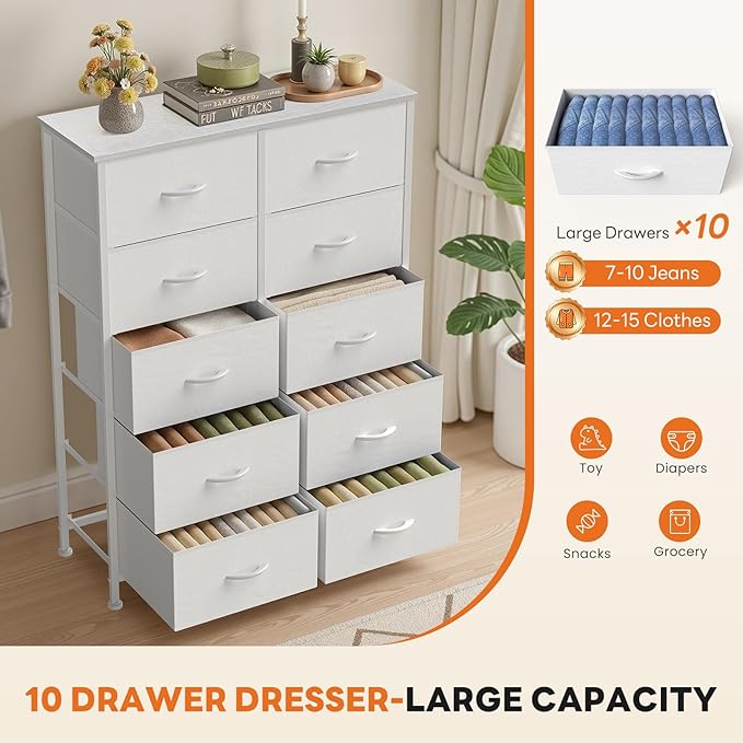Sweetcrispy 10 Drawer Fabric Dresser Storage Tower with Bins, Tall Chest Organizer for Bedroom Closet Hallway, Steel Frame Wood Top Easy Pull Handles,White