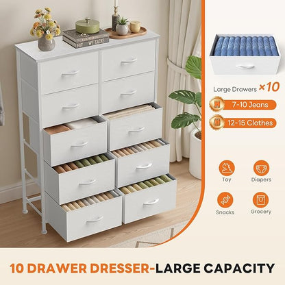 Sweetcrispy 10 Drawer Fabric Dresser Storage Tower with Bins, Tall Chest Organizer for Bedroom Closet Hallway, Steel Frame Wood Top Easy Pull Handles,White