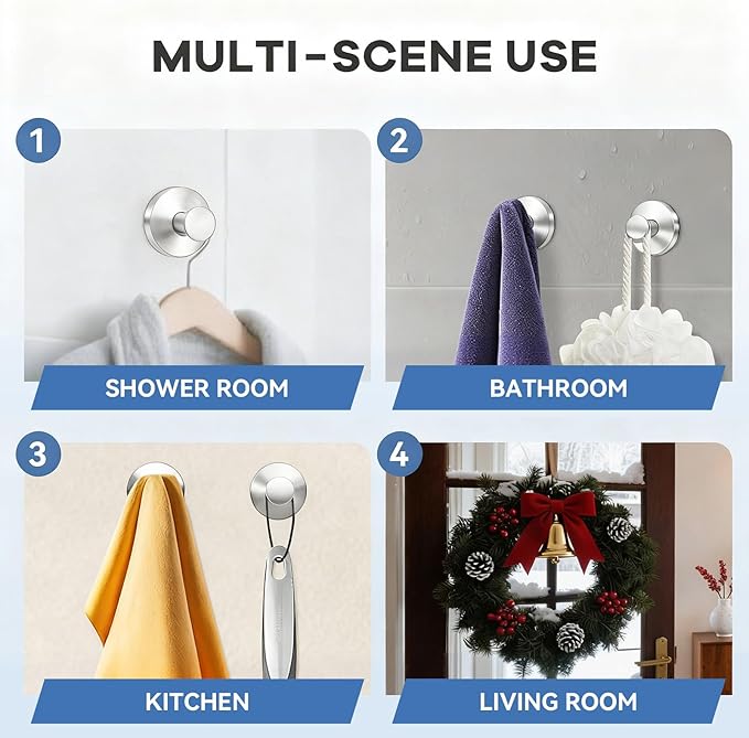 Suction Cup Hooks for Shower, Bathroom,Glass Windows,Tile – Towel, Loofah, No-Drill Wreath Hanger for Front Door Waterproof Hook Hold,Silver 4packs