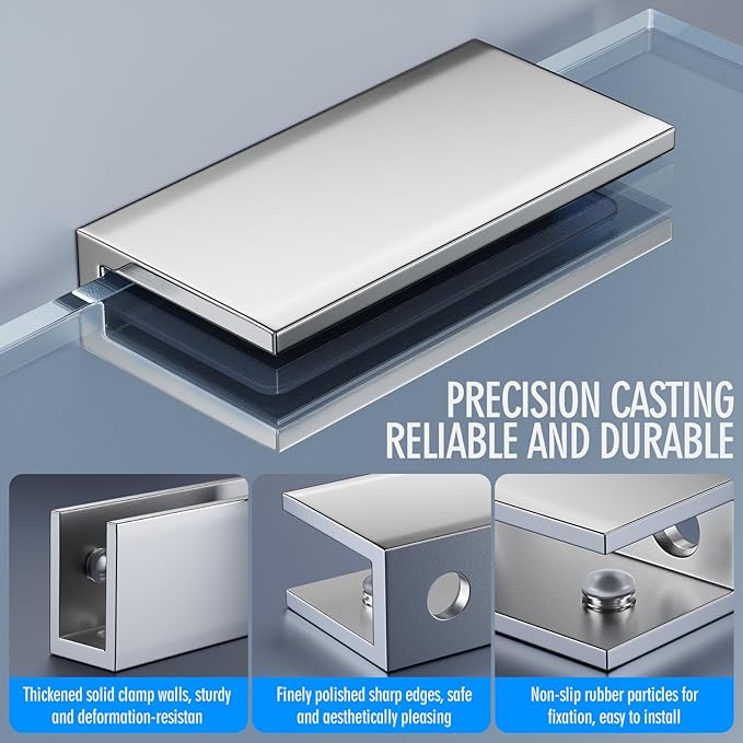 Ranbo 2 Pcs Frameless Glass Clamp Brackets for Shelf and Shower, Heavy Duty Wall Mount Rectangular Holders for 1/4" to 1/2" Panels, Polished Silver Finish Hardware
