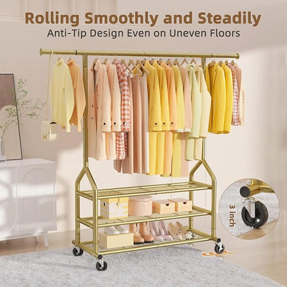 EAGMAK Heavy Duty Clothes Rack Load 688 LBS, Rolling Clothing Rack With 3 Shelves, Adjustable Metal Clothes Hanger with Wheels Portable Wardrobe Organizer Garment Rod for Hanging Clothes (Gold)