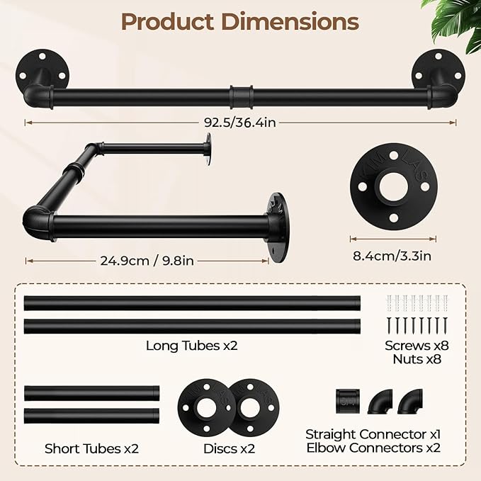 Wall Mounted Clothes Rack 38.4 Inch, Industrial Pipe Clothing Rack, Black Wall Clothing Rack, Multi-Purpose Clothing Hanging Rod for Laundry Room, Closet Storage,Bedroom, Closet (1 Pack)