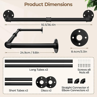 Wall Mounted Clothes Rack 38.4 Inch, Industrial Pipe Clothing Rack, Black Wall Clothing Rack, Multi-Purpose Clothing Hanging Rod for Laundry Room, Closet Storage,Bedroom, Closet (1 Pack)
