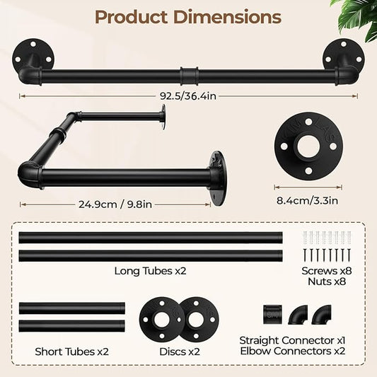 Wall Mounted Clothes Rack 38.4 Inch, Industrial Pipe Clothing Rack, Black Wall Clothing Rack, Multi-Purpose Clothing Hanging Rod for Laundry Room, Closet Storage,Bedroom, Closet (1 Pack)