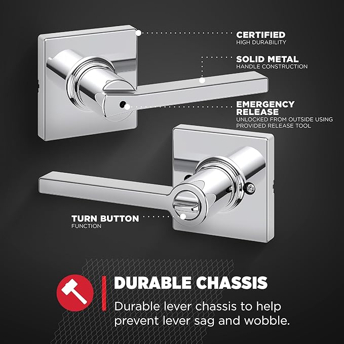 Kwikset Casey Interior Privacy Door Handle with Lock, Door Lever for Bathroom and Bedroom, Polished Chrome Reversible Keyless Turn Lock (Pack of 6)