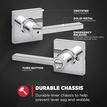 Kwikset Casey Interior Privacy Door Handle with Lock, Door Lever for Bathroom and Bedroom, Polished Chrome Reversible Keyless Turn Lock (Pack of 2)