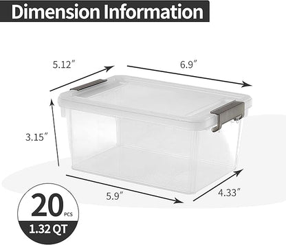 Citylife 1.3 QT 20 Packs Small Storage Bins Plastic Storage Container Stackable Box with Lids for Organizing, Clear White