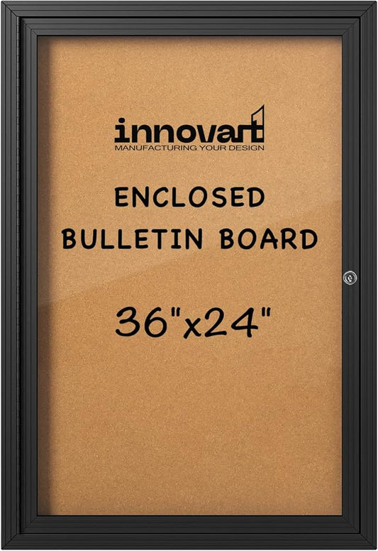 INNOVART Enclosed Bulletin Board 36”x24”, Lockable Cork Noticeboard with Black Aluminum Frame, Outdoor Enclosed Bulletin Board Weatherproof, Wall Display Case with Swing-Open Door Information Cabinet