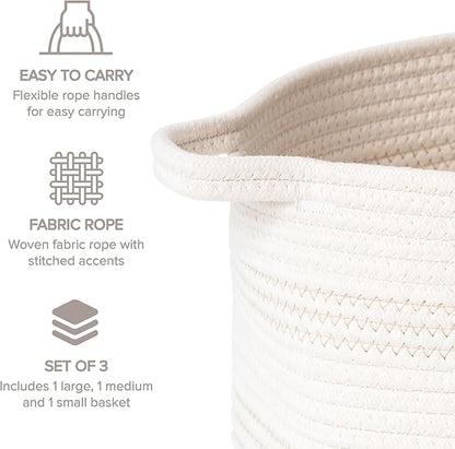 RGI Home Dog Toy Storage Baskets – Set of 3 Oval Fabric Rope Organizer Bins for Pet and Household Storage, Multi-Sized with Easy-Carry Handles, Durable and Stylish, Charcoal Gray on Ivory