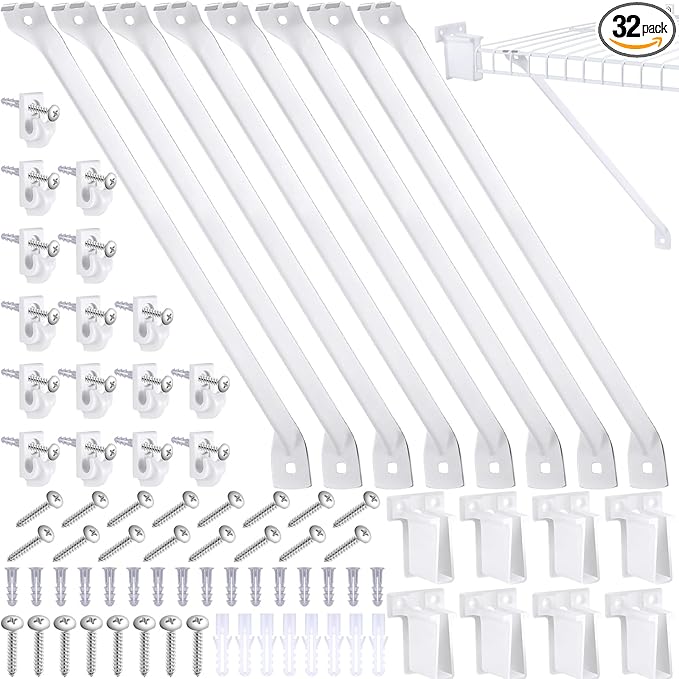 Hicarer 32 Pcs Wire Shelf Support Brackets Kit for 12 Inch, Include 8 Mental Closet Support Brace 16 White Down Wall Clips and 8 Wire Shelf End Brackets with Screws for Wardrobe