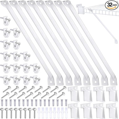 Hicarer 32 Pcs Wire Shelf Support Brackets Kit for 12 Inch, Include 8 Mental Closet Support Brace 16 White Down Wall Clips and 8 Wire Shelf End Brackets with Screws for Wardrobe