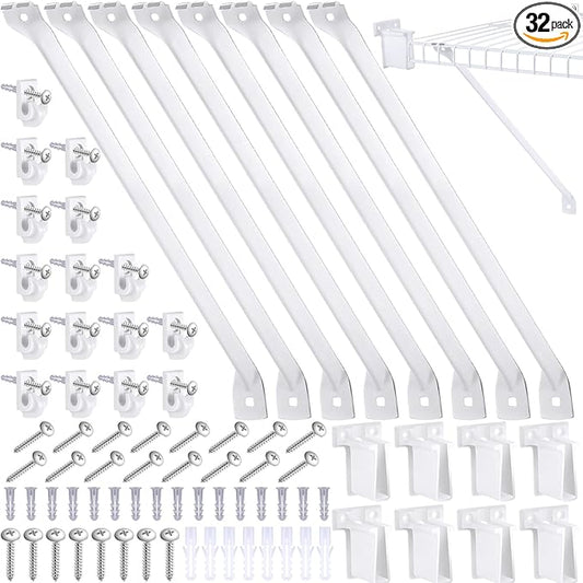 Hicarer 32 Pcs Wire Shelf Support Brackets Kit for 12 Inch, Include 8 Mental Closet Support Brace 16 White Down Wall Clips and 8 Wire Shelf End Brackets with Screws for Wardrobe