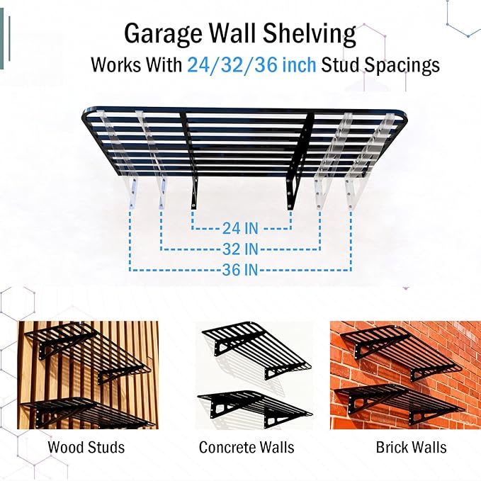 Garage Wall Shelving 2-Pack 2x4ft Garage Shelving（24-inch-by-48-inch） Wall Shelf Garage Storage Rack Floating Shelves, Space-Saving Black
