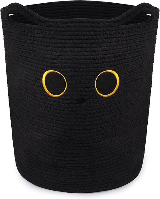 Tall Black Cat Laundry Basket for Nursery, Cute Large Woven Cotton Rope Blanket Storage Basket, Baby 0rganize Blanket Shower Hamper Box with Handles, 53L Clothes Bins, 15"D×18.1"H