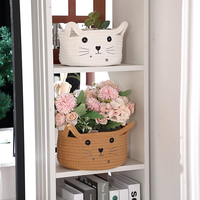 Zopeal Cat Basket Storage Woven Organizer with Ears Easter Decorative Gift Pet Toy Cute Cotton Rope Basket for Gift Cat Dog Toy Bin Nursery Room(8.3 x 4.7 Inch,Khaki)