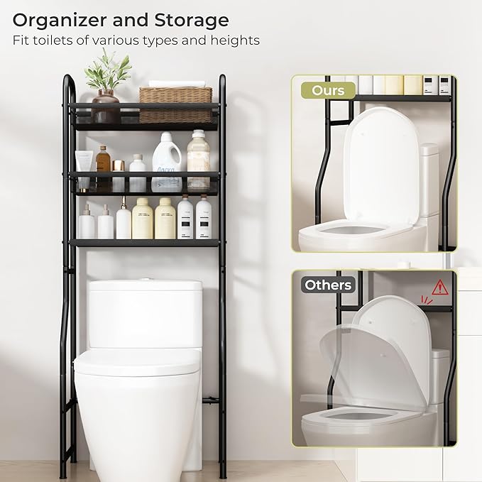 3 Tier Over The Toilet Storage Shelf, Black Bathroom Over The Toilet Storage Rack, Space Saving Above Toilet Storage Shelf with Vinyl Mesh Surface, Bathroom Toilet Shelf Rack Organizer