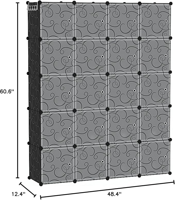 C&AHOME Cube Storage Organizer, 20-Cube Storage Shelving with Doors, Modular Book Shelf, Plastic Shelves Organizing Units, Ideal for Bedroom Living Room 48.4" L × 12.4" W × 60.6" H Black SHS3020B-DOOR