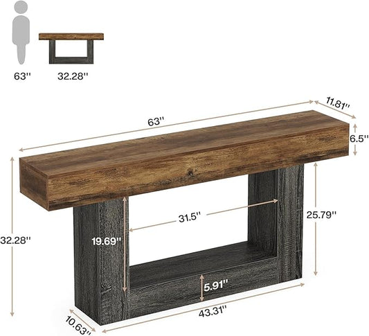 63" Wooden Rectangular Console Table for Living Room,Narrow Long Wood Behind The Couch Table,Brown