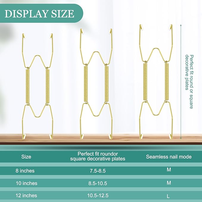 Hotop 12 Pieces Plate Hangers for Wall Stainless Steel Wire Invisible Heavy Duty Plate Hangers Display Holders with 12 Pieces Hooks for Wall Decorative(8/10/12 Inch,Gold)